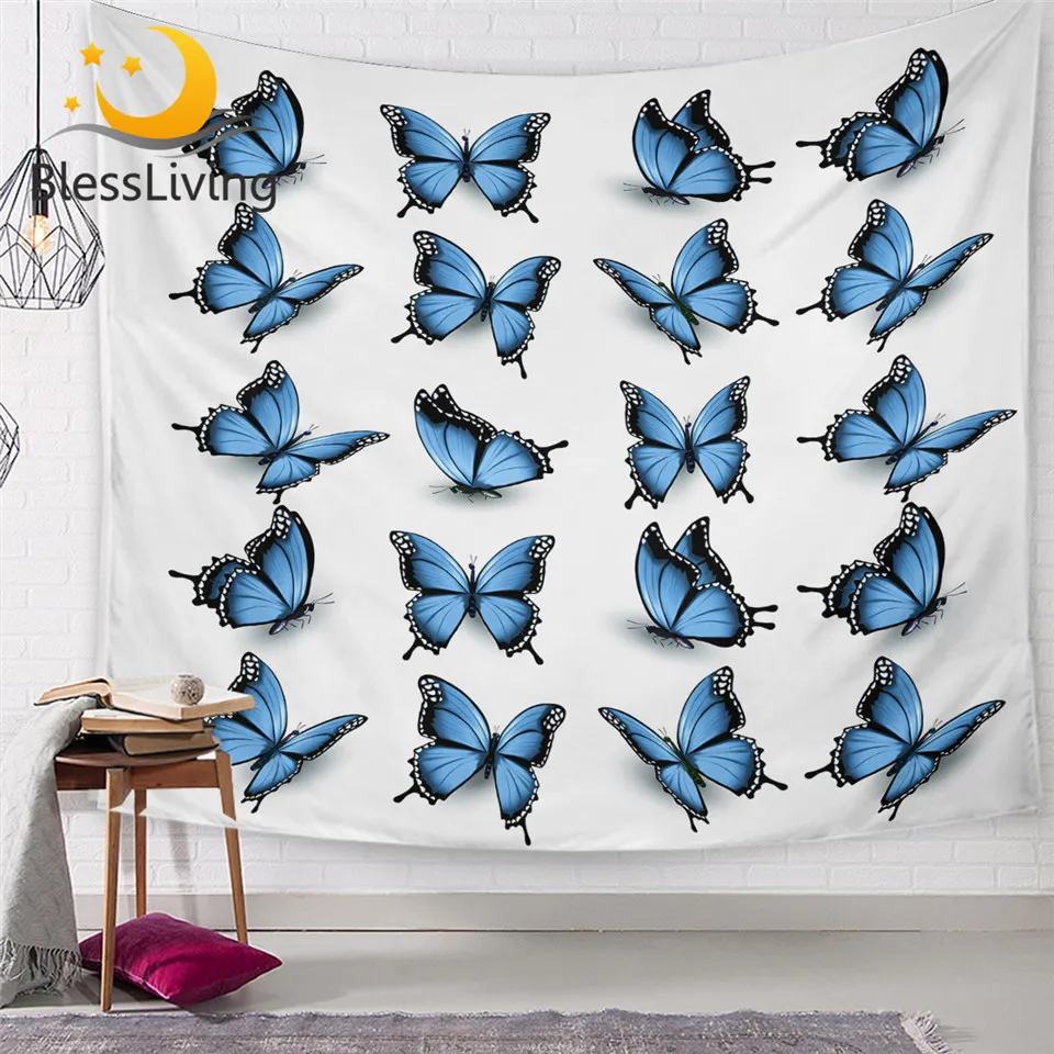 

BlessLiving Butterfly Tapestry Blue Wall Hanging Beautiful Insect Decorative Wall Carpet Elegant Bedspreads Sheets Tapiz 130x150