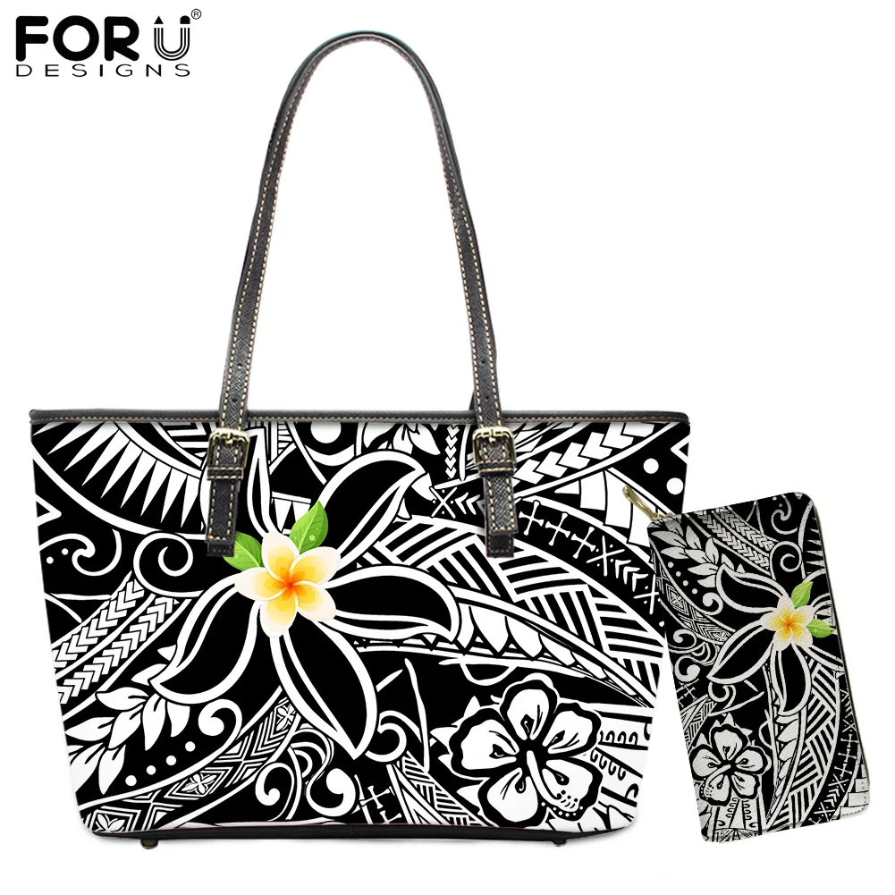 

FORUDESIGNS New Trend 2Pcs/Set Shoulder Bag&Wallets Tribal Polynesian Tropical Plumeria and Hibiscus Print Women Crossbody Bolsa