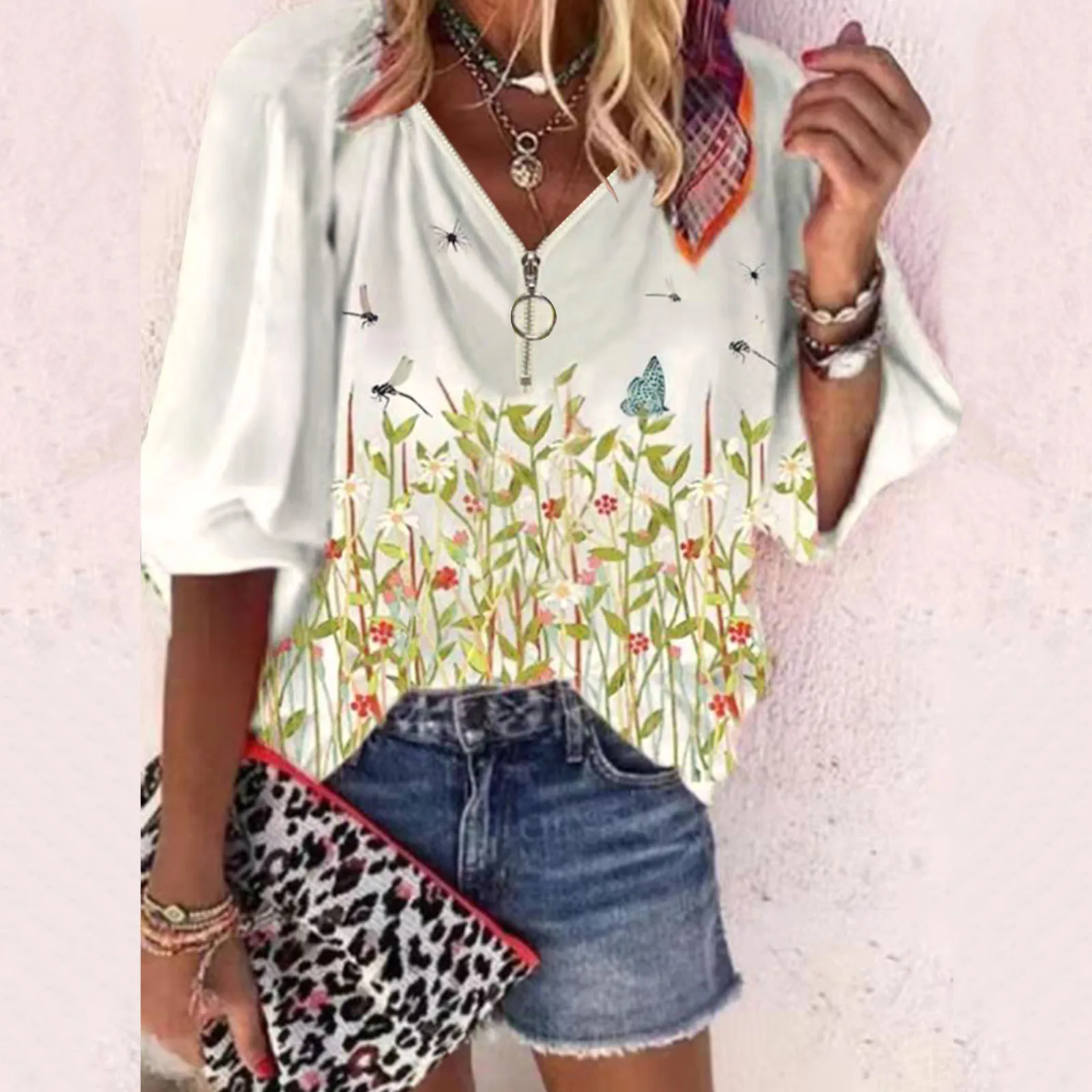 

Women Shirts Women Vintage Geometry Print Top Casual Zipper Lapel Long Sleeve Blouses Ladies Office Work Blouses Mujer blusas