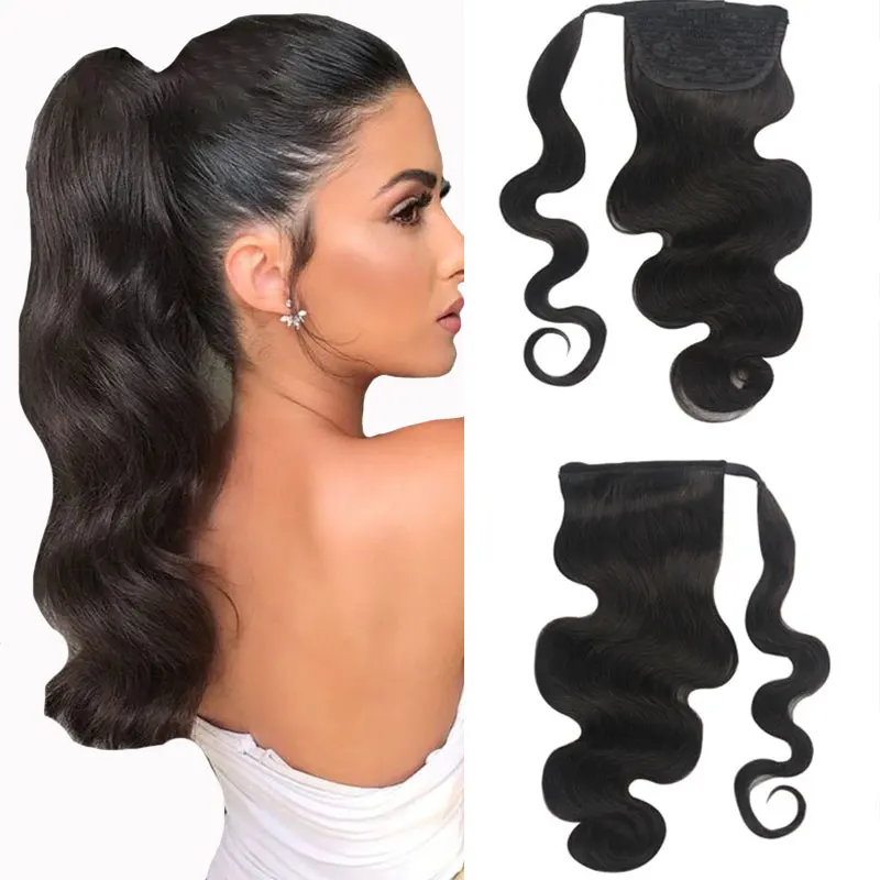 Body Wave Human Hair Ponytail Clips In Wrap Around Virgin Hair Ponytails Natural Color 130% Density For Women