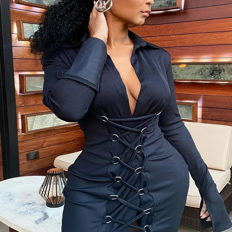 

2021 New Fashion Women Long Sleeve Turn Down Collar Bodycon Shirt Dress Slim Lace Up Front Mini Dresses
