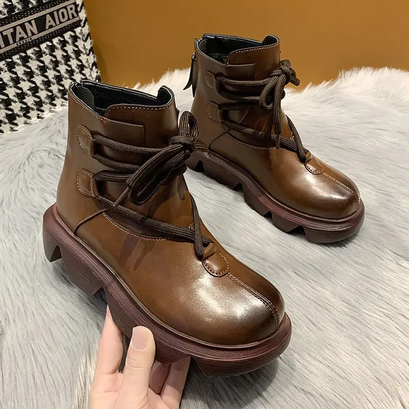 

2021 Pu Leather Lace-up Women Ankle Winter Snow Boots Short Plush Fur Warm Winter Snow Boots Flat Ankle Boots