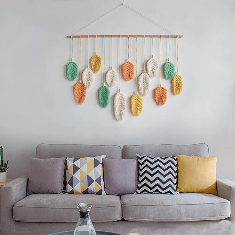 

1set Leaf shaped hand-woven Tapestry Bedside Living Room Background Decoration Porch Wall Hanging Ornament Without wood stick