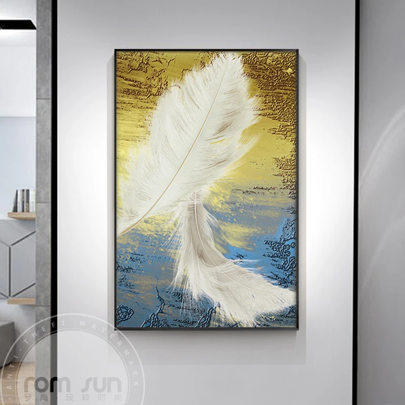 Абстрактная Картина на холсте с изображением девичьих розовых голубых перьев