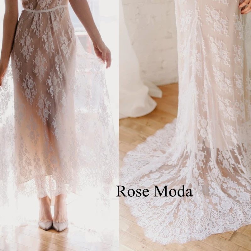 

Rose Moda Cap Sleeves Chantilly Lace Hi Lo Boho Wedding Dress Destination Bridal Gown Custom Make