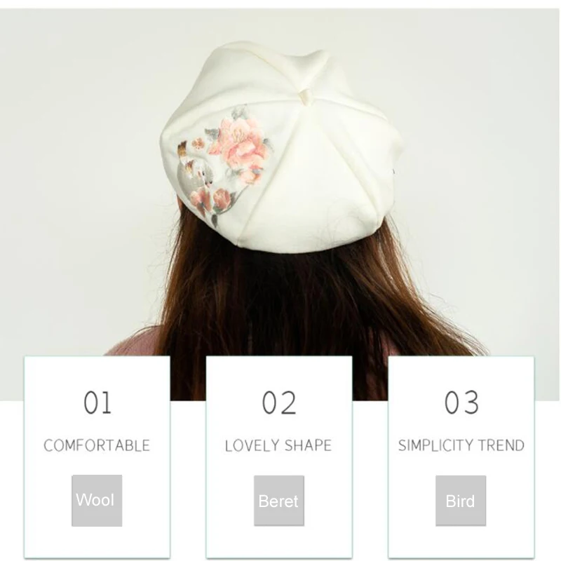 

Fashion Wool Women Embroidery Bird Autumn Winter Hexagonal Cap Hats Stylish Artist Painter Newsboy Caps White Beret Hats