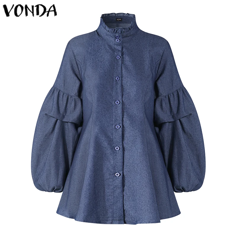 Джинсовые женские рубашки VONDA блузки повседневные Плиссированные Топы с длинным