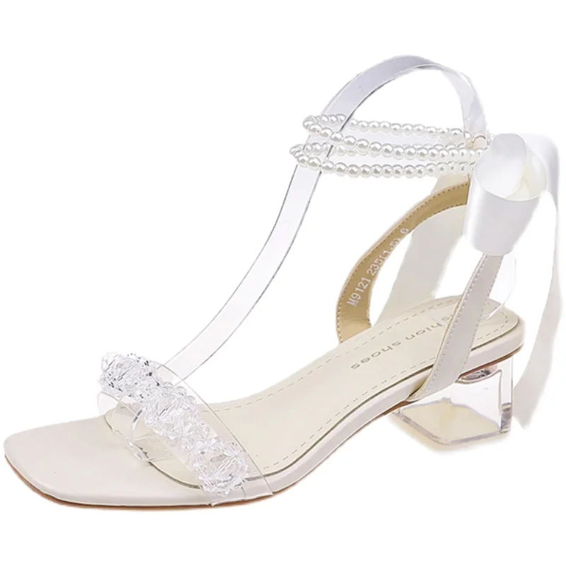 

Clear Heels Square Toe Plastic Sandal Shoes 2021 Summer Med Suit Female Beige Transparent Girls Party Medium Fashion Comfort Op