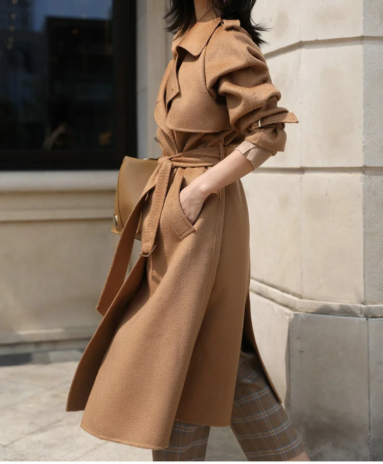 

2021 new epaulet Hepburn windbreaker medium long woolen jacket water ripple double-sided cashmere coat women