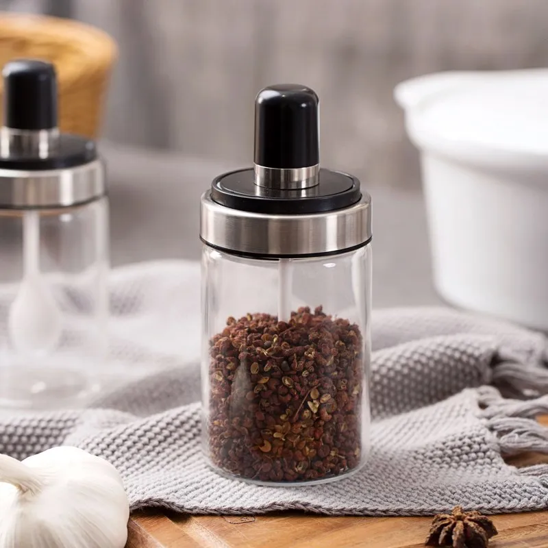 Spice Pepper Container Glass Spoon Lid Kitchenware Empty Dispenser Transparent Jar Salt Sauce Seasoning Bottle | Дом и сад