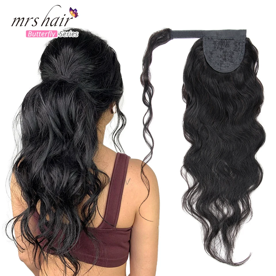 

MRSHAIR Body Wave Ponytail Human Hair Extensions Wrap Around 24inch 60cm Ponytail Hair Weave Clipins Natural Black