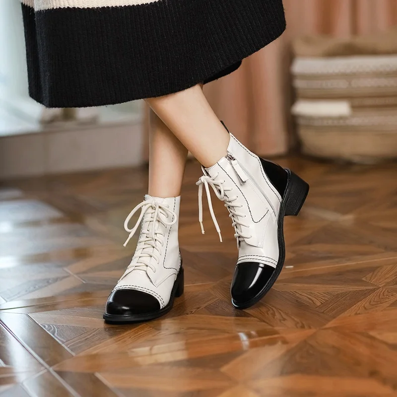 

Genuine Leather Women Ankle Boots Black White Autumn Winter Warm Shoes Thick Square Heel Zipper Dress Office Wokring Boots 34-39