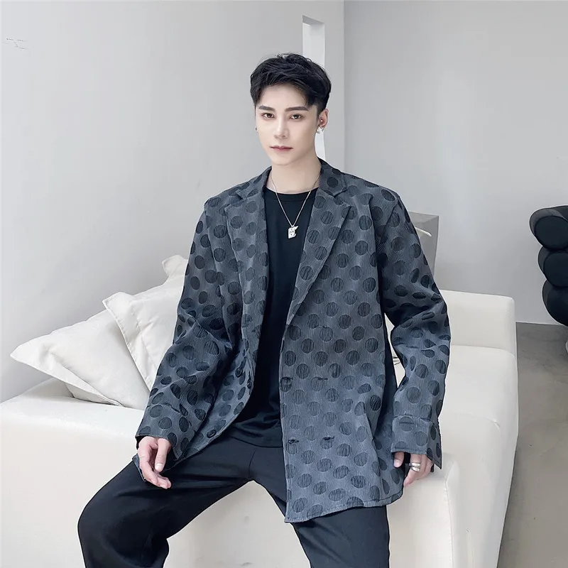 

Male Harajuku Korean Streetwear Fashion Light Shirt Jacket Dots Pleated Men Loose Casual Long Sleeve Suit Style Shirt Coat