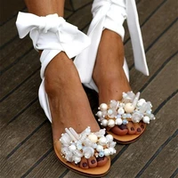 womens flat sandals summer lace up beaded flats fish mouth beach open toe sandals women fashion large size casual sandals 35 43