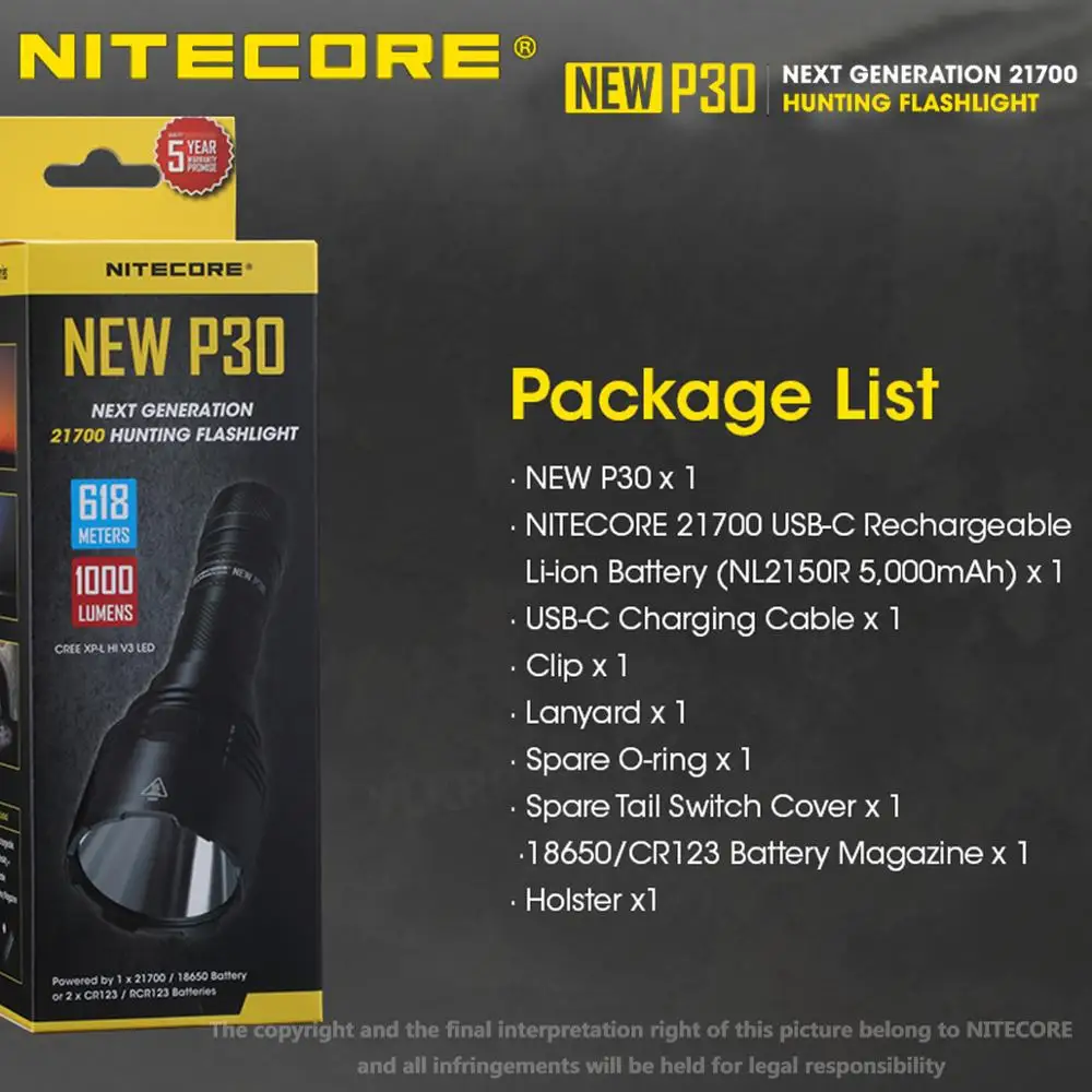 NITECORE Новый P30 вспышка светильник CREE XP L HI V3 Светодиодный max 1000LM 8 режимов работы луч