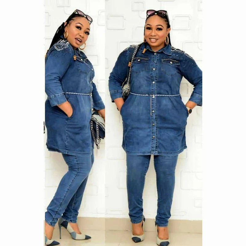 Комплект брюк для женщин в африканском стиле осень 2020 потертая бисером джинсовая