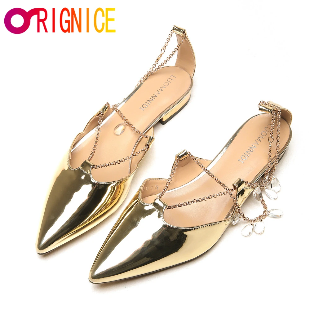 

Orignice Fashion Pointed Women Genuine Leather Flats Gold Color Chain Ankle Wrap Casual Street Summer Shoes Size 34-40 Handmade
