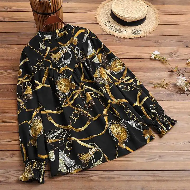 

ZANZEA Women Puff Sleeved Holiday Blouse Elegant Clubbing Shirts Printing O-Neck Loose Blouse Smocking Design Elegant Loose Tops