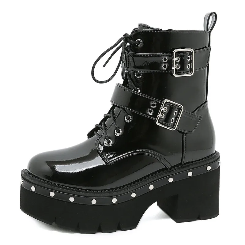 

Fashion Ladies Boots Spring Autumn Platform Womens Short Boots Rivet Belt Buckle Punk Motorcycle Boots Black Gothic Female Shoes