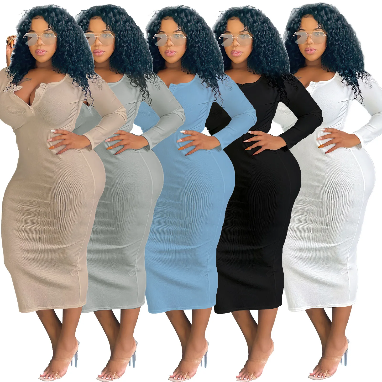 

Donsignet Autumn New Plus Size Solid Dresses Package Hips Long Sleeve V-Neck Dresses for Women