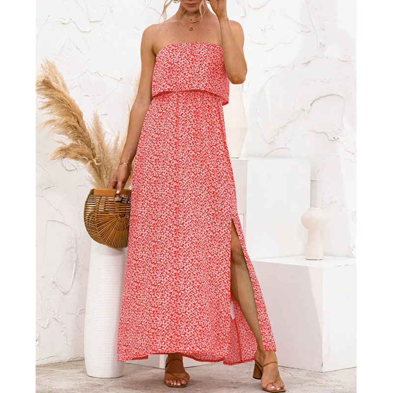 

Women Strapless Sexy Side Split Long Dress Summer Leaves Floral Print Boho Beach Holiday Maxi Dresses 2021 Green