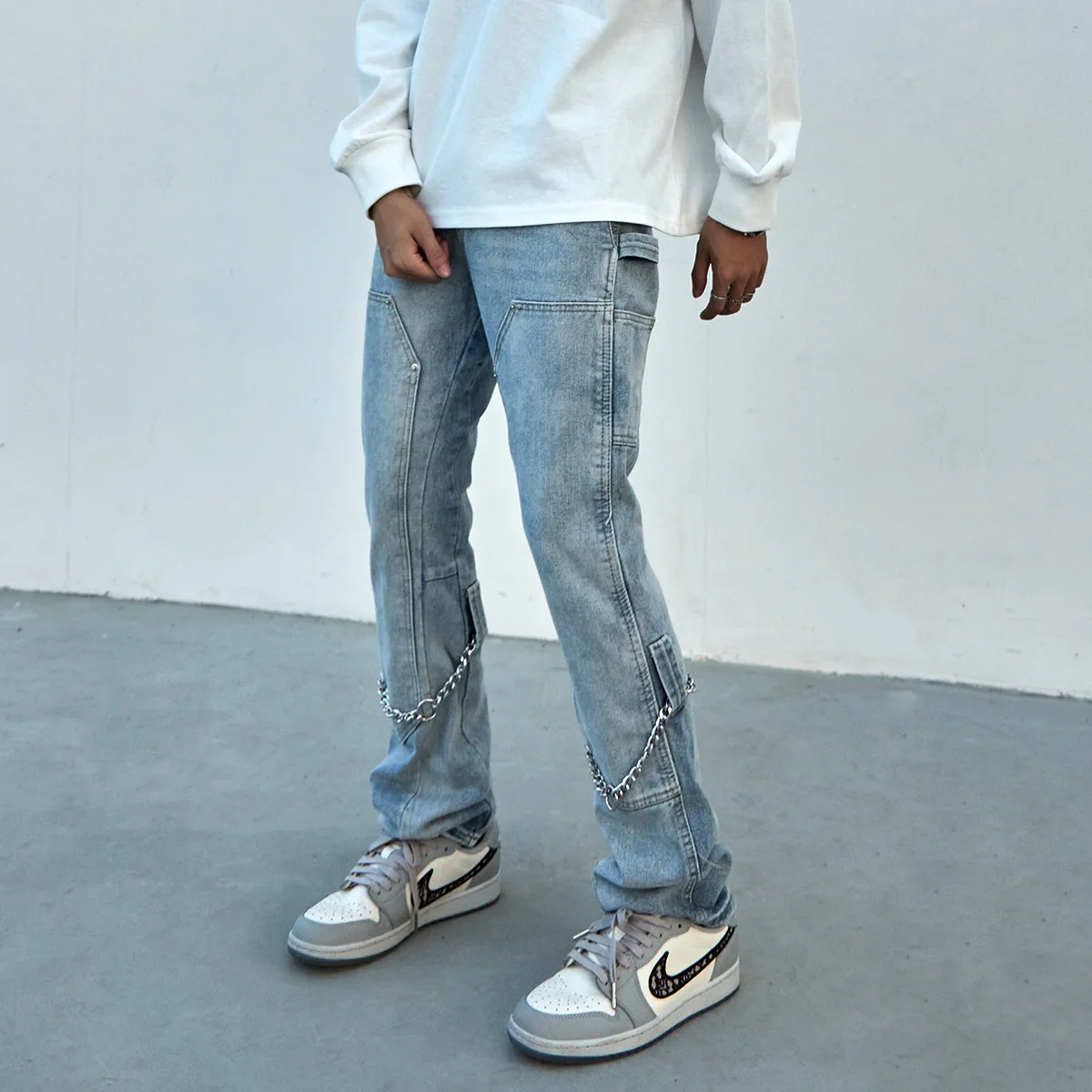 2021 Korean Fashion Chain Decoration Retro Washed Men Pencil Jeans Trousers Hip Hop Slim Casual Women Punk Denim Pants For Teens