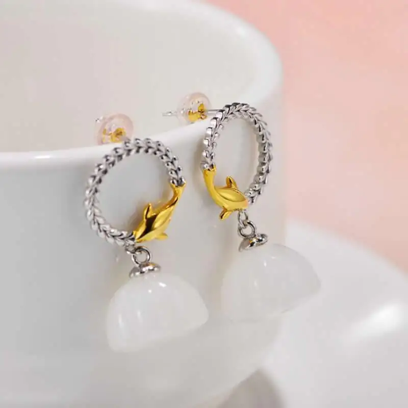 

Real Sterling S925 Silver Dangle Earrings White Jadeite Dangle Earrings 8.2g