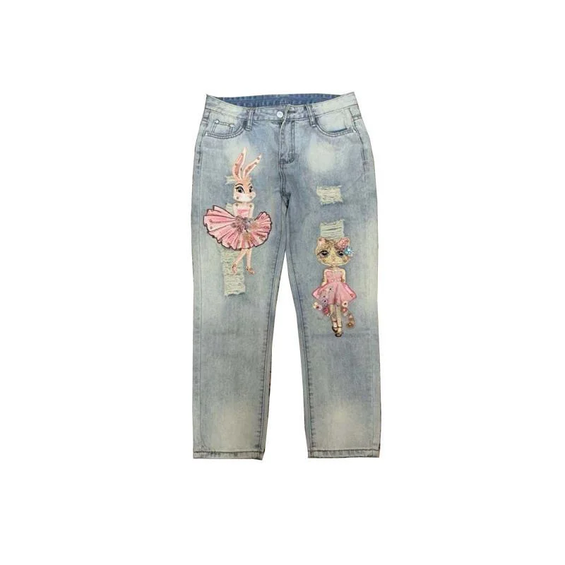 

Women High Waist Harem Pant Jeans 2022 Autumn Female Beaded embroidery Jeans Students Girls washed Straight Denim Pants
