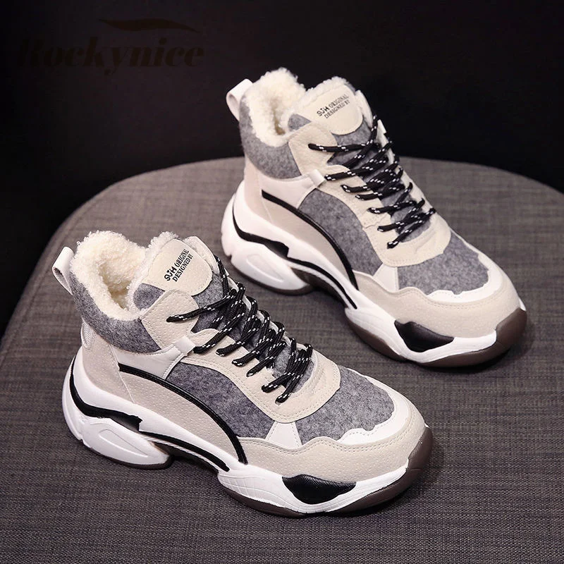 

Зимние ботинки, женские кроссовки на массивной платформе 5,5 см, теплые меховые Нескользящие Лоскутные вулканизированные ботильоны, женские...