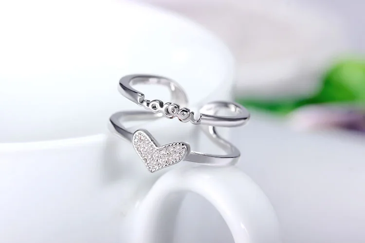 

GUP9 hot sell romantic love letter shiny crystal 925 sterling silver ladies`finger rings wedding women gift jewelry