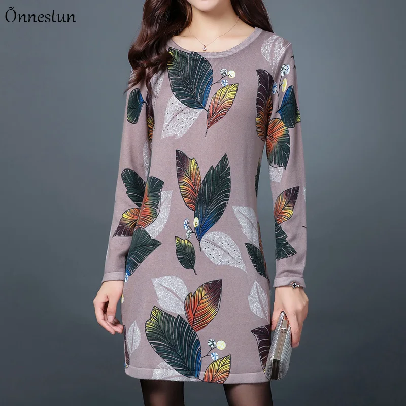 

3 Colors Print Long Sweaters Dress Autumn Women Clothing Long Sleeve Top Femme Pullover Slim Elasticity Soft Sweater Women