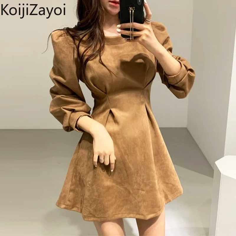 

Koijizayoi New Vintage Casual Women's Mini Short Dress Autumn WIinter Slim Fit Bodycon Party Dresses Thicken Woman Clothing 2022