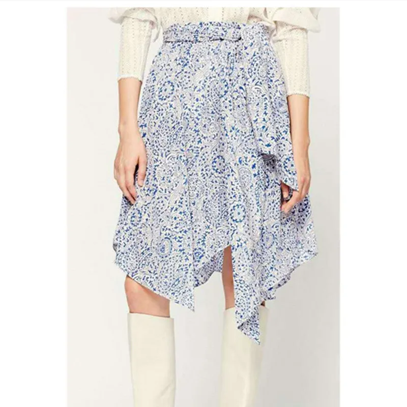 

Irregular Hem Women Skirt 100% Silk Zipper Lace-up Retro Printing Ladies Jupe with Sashes 2021 Spring New