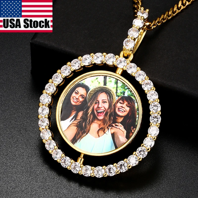 Rotating Double-Sided Photo Memory Medallions Custom Photo Pendant Necklace Men Hip Hop Jewelry Iced Out Zircon Pendant Custom