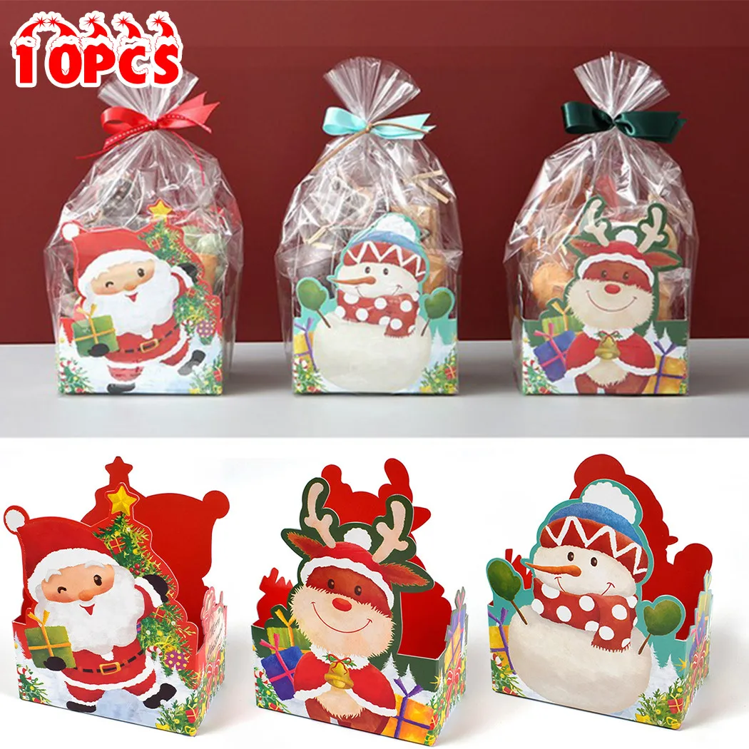 

10pcs Christmas Party Paper Favour Cookie Candy Gift Boxes Bags Sets Santa Claus Snowman Elk Cartoon Print Wrapping Supplies