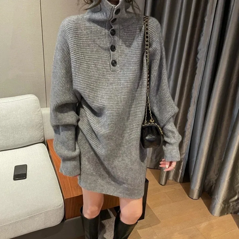 

2021 Winter New Kniited Dress Sweaters Women Loose High Neck Long Sleeve Grey Solid Color Sweater Female Fashion Women's Top
