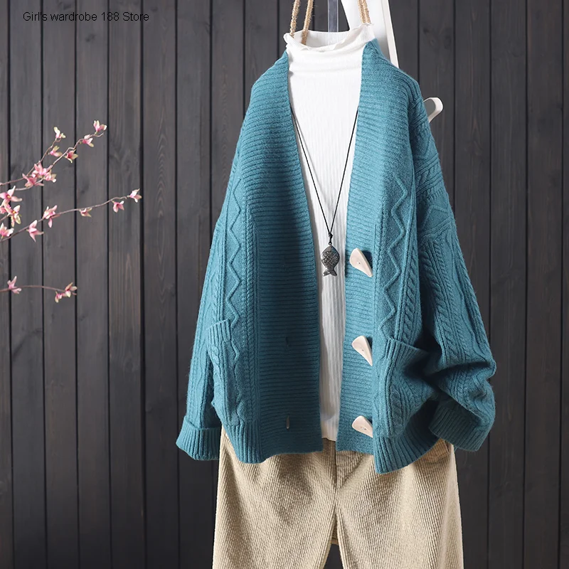 

Catkins autumn and winter new loose solid color button wide cardigan women's commuting art sweater coat