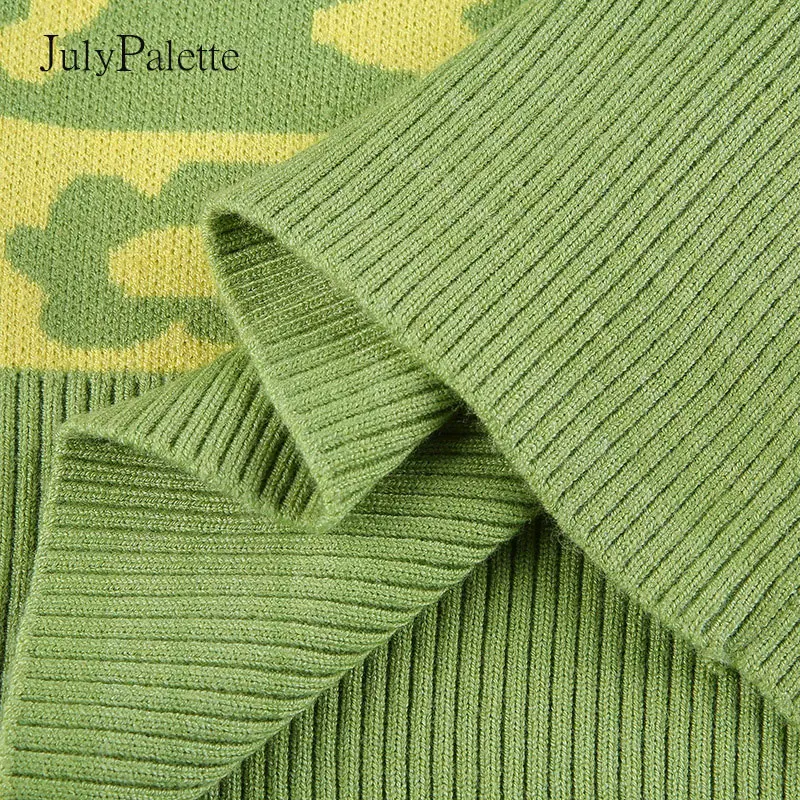 

Julypalette Casual Knitted Printed Tops Women Short Sleeve Summer Slim T shirt Tees Fashion Turn-down Collar Green Short T-shirt