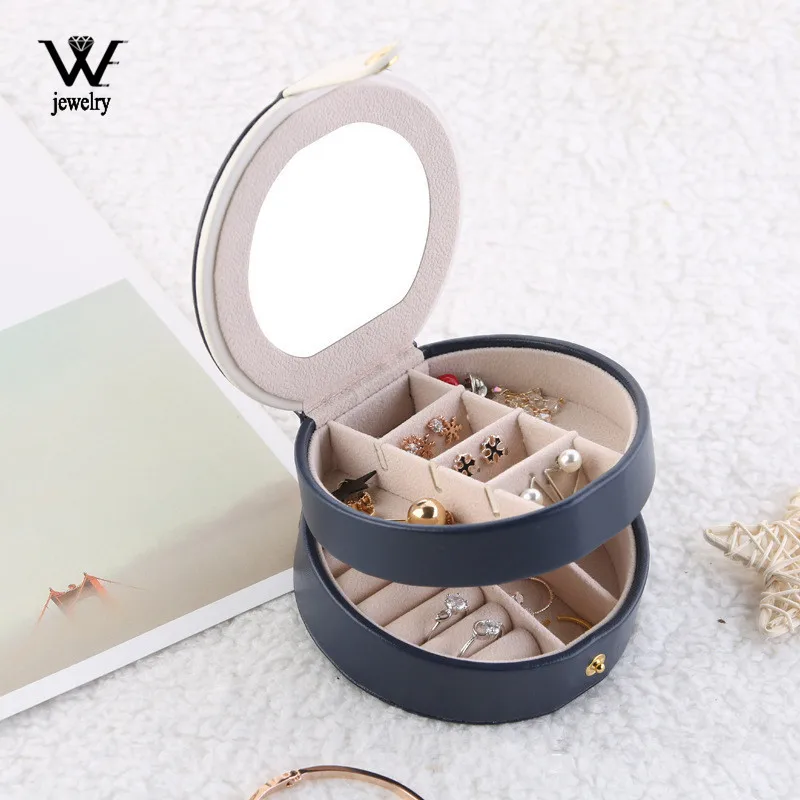 

WE Round Leather Jewelry Box Portable Storage Organizer Earring Holder Zipper Women Jewelry Display Travel Cases