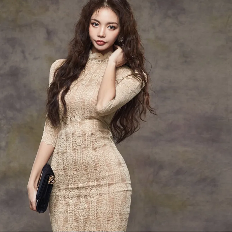 Элегантное платье с воротником-стойкой и принтом женское винтажное кружевное