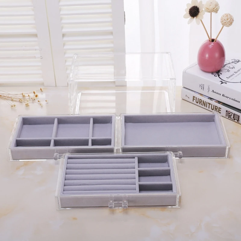 

Transparent Jewelry Box Acrylic Velvet Jewelry Storage Bag for Women with 3 Drawers Earrings Bracelet Stand Display Box