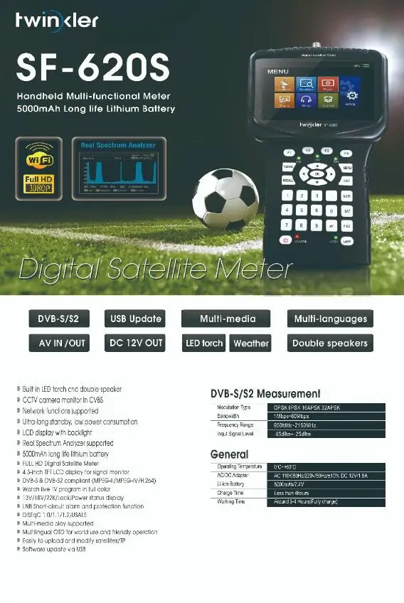 Twinkler SF-620S DVB-S2 спутниковый искатель с 4,3 дюймовым ЖК-экраном спектр WiFi CS анализатор монитор камеры cctv Satfinder