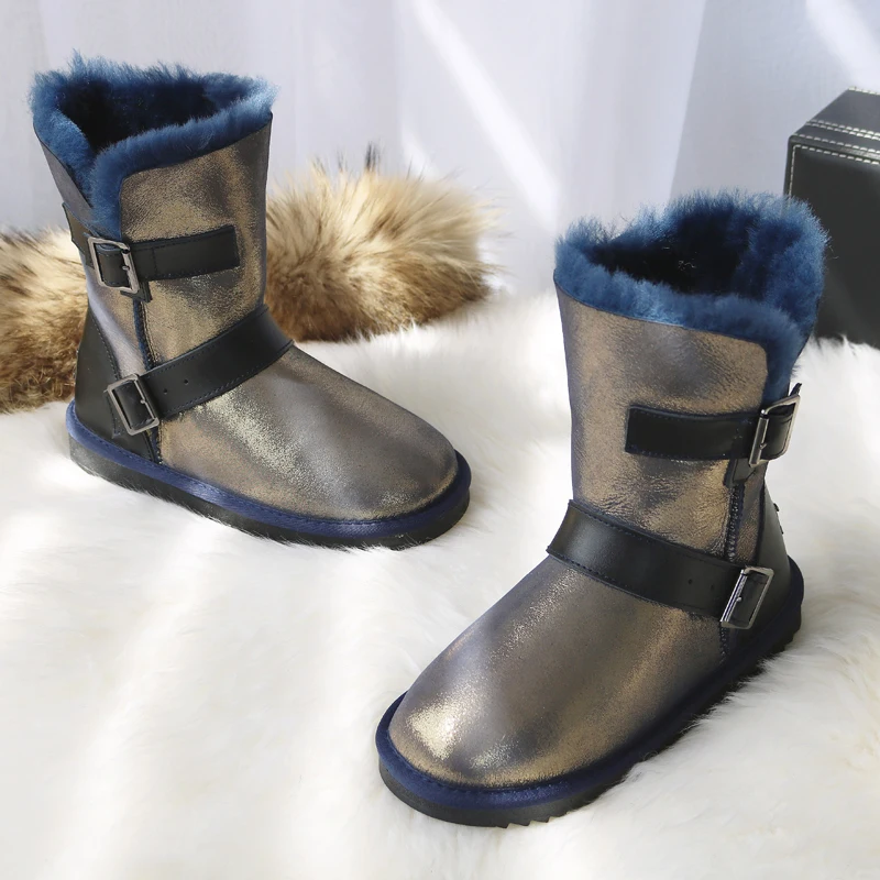 dark blue G& Zaco/Роскошные зимние ботинки из овечьей кожи; ботинки на овечьем меху; женские шерстяные ботинки; женские ботинки до середины икры из натуральной овечьей кожи с пряжкой - Цвет: dark blue