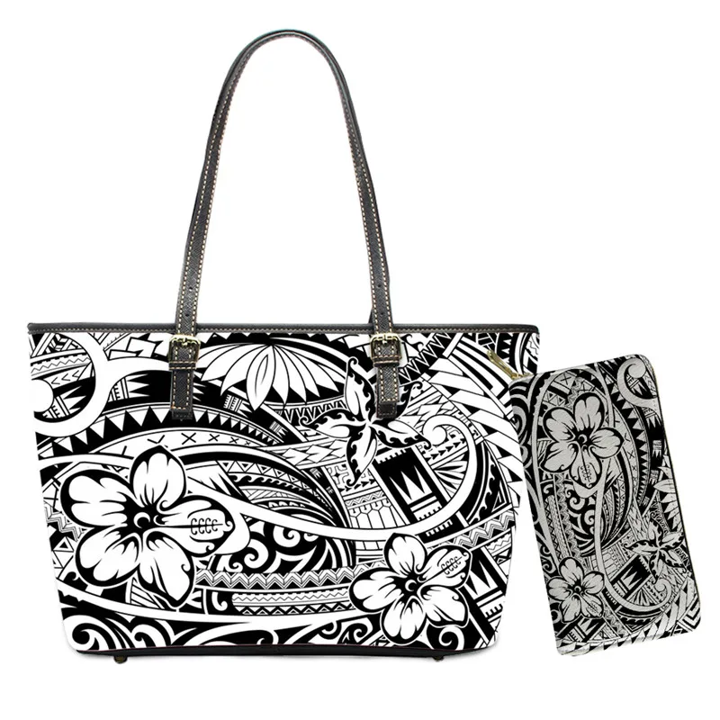 

Gray Ethnic Tribe Style Women Handbags 2Pcs/Set Hawaii Plumeria Multicolor Zipper Shoulder Bag Female Tote Bags Leather Purses