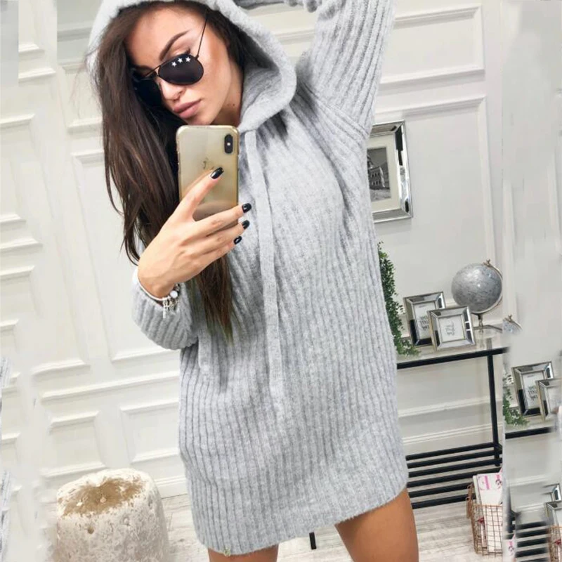 Женская мода толстовки платье повседневные с длинным рукавом Свободная