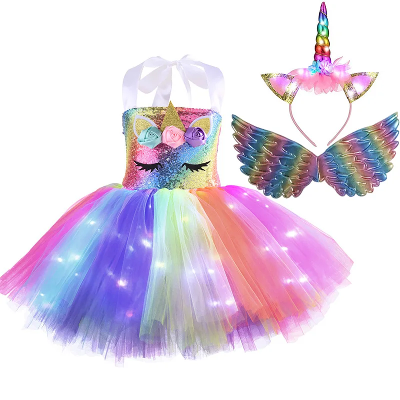 Girls Unicorn LED Tutu Dress with Wings Headband Sequins Kids Ballet Ball Princess Costume for Birthday Party Halloween Cosplay |