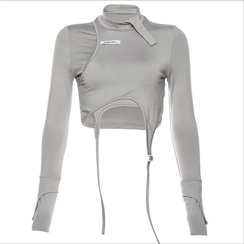 

Fake Two Piece Long Sleeve Top 2021 Winter New Fashion Women Tight Short T Shirt