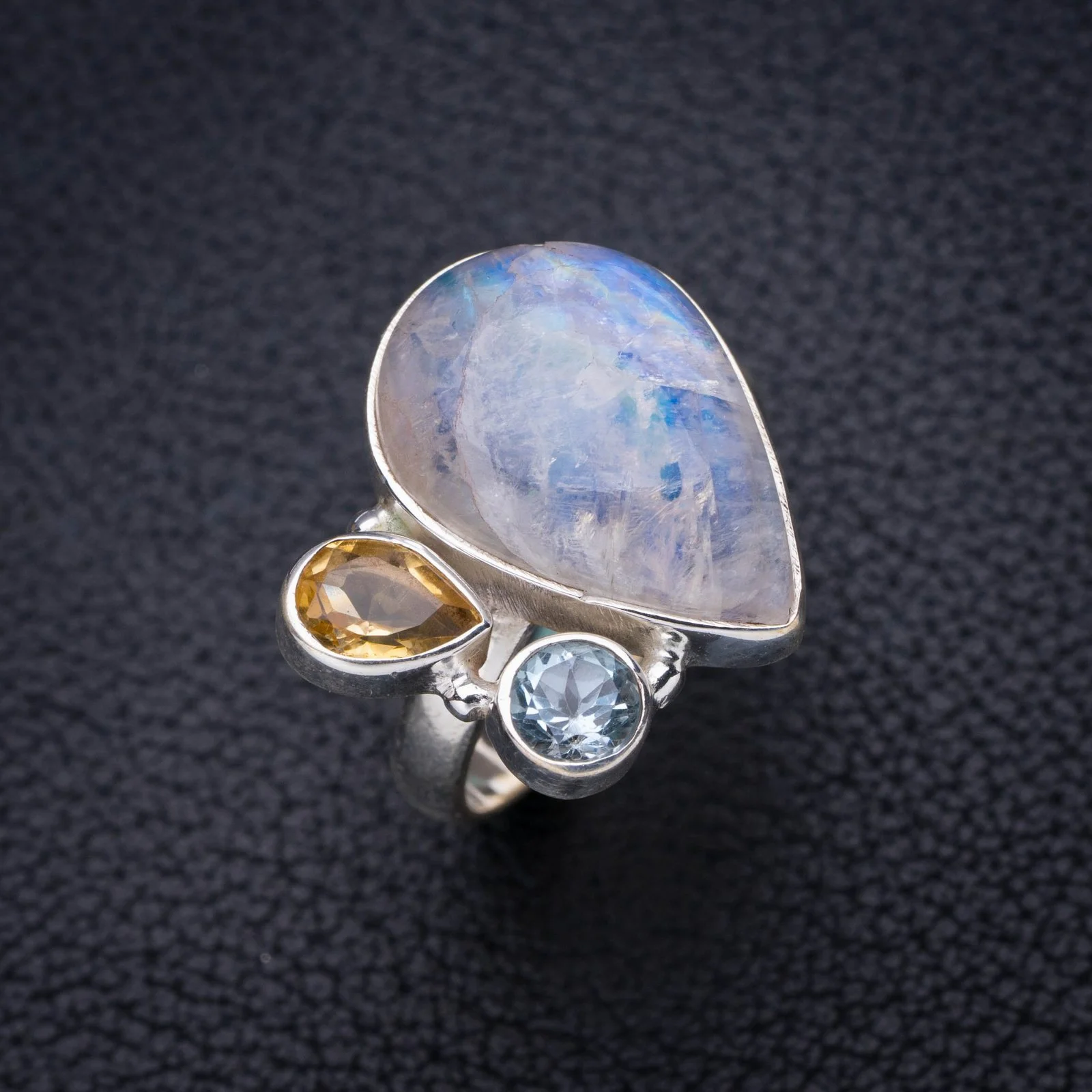 

StarGems натуральный лунный камень синий топаз и цитрин ручной работы 925 пробы Серебряное кольцо 8,5 E7251