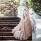 Розовые Свадебные платья с длинными рукавами, с v-образным вырезом, с кружевной аппликацией, со шлейфом, трапециевидной формы, с открытой спиной, свадебные платья, Vestidos de Noivas