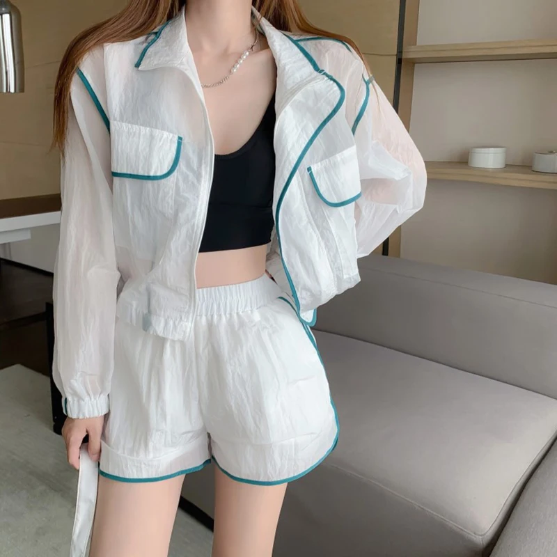 

JMPRS Korean Women Beach Two Piece Set Translucent Summer Long Sleeve Sun Protection Shirt Casual Sweatpants Shorts Female Suit